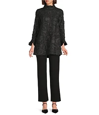 IC Collection Textured Woven Ruffle Mock Neck Long Sleeve Tunic