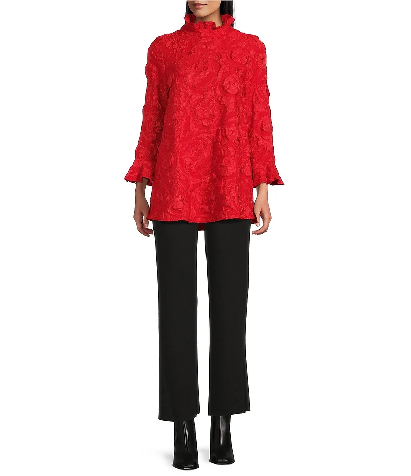IC Collection Textured Woven Ruffle Mock Neck Long Sleeve Tunic