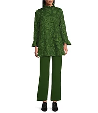 IC Collection Textured Woven Ruffle Mock Neck Long Sleeve Tunic