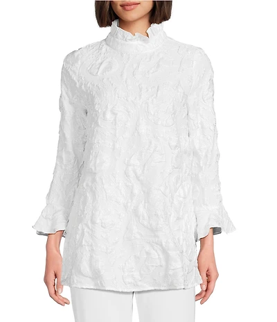 IC Collection Textured Woven Ruffle Mock Neck Long Sleeve Tunic