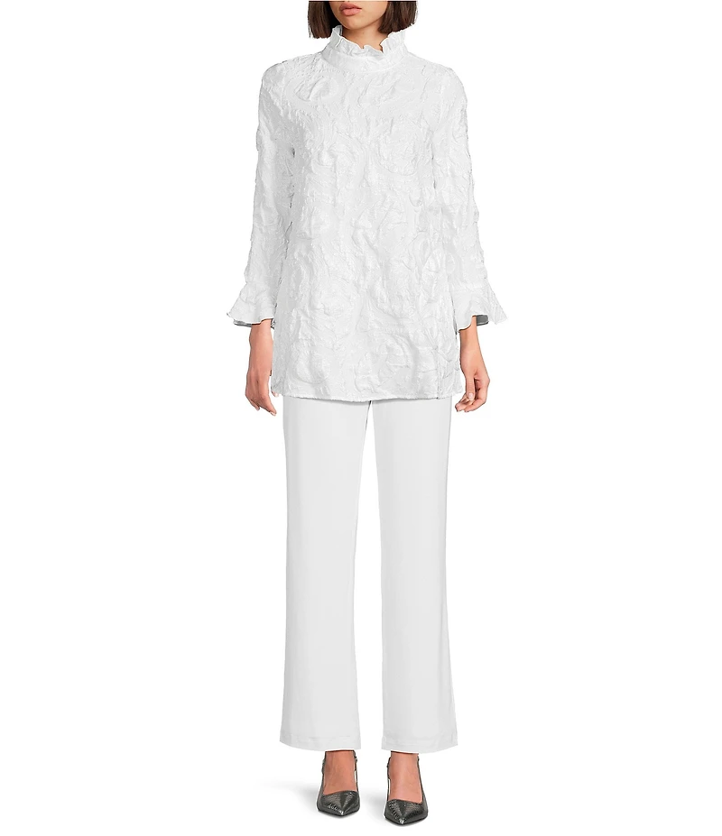 IC Collection Textured Woven Ruffle Mock Neck Long Sleeve Tunic