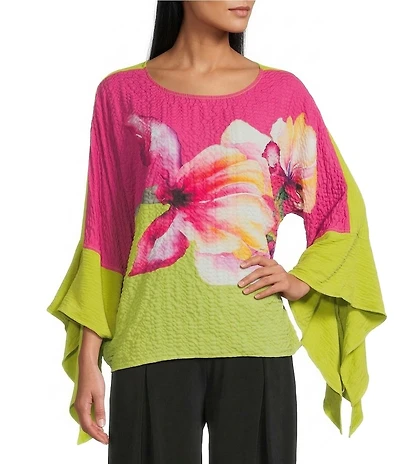 IC Collection Watercolor Floral Scoop Neck Long Tie Sleeve Top