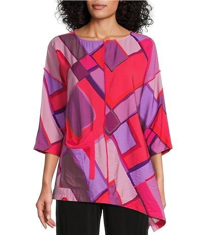 IC Collection Woven Abstract Print Boat Neck 3/4 Sleeve Asymmetrical Hem Tunic