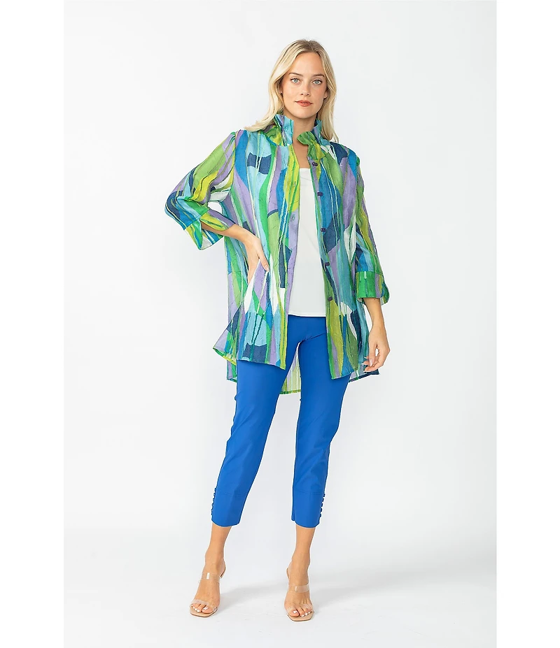 IC Collection Woven Abstract Print Wire Collar Bracelet Sleeve Button Front Jacket