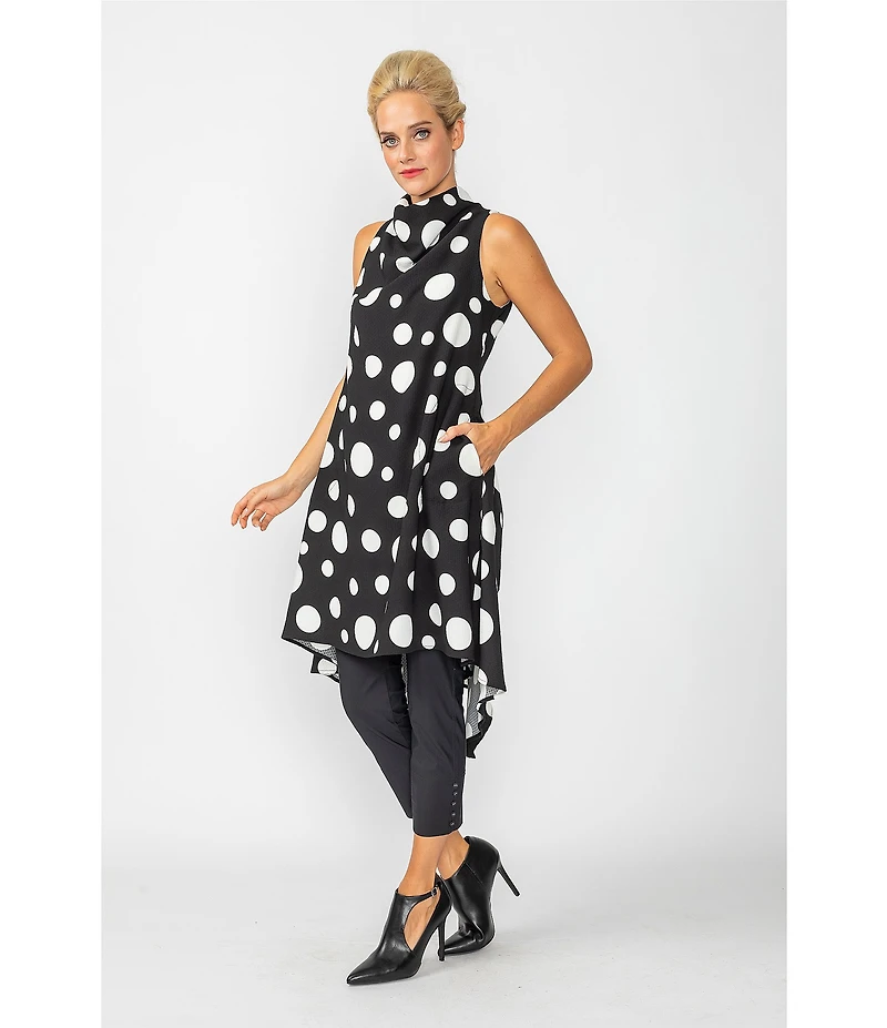 IC Collection Woven Dot Print Mock Cowl Neck Sleeveless Asymmetrical Tunic Dress