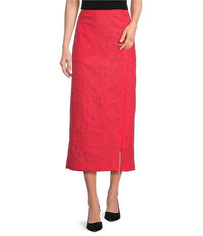 IC Collection Woven Elastic Waist Side Slit Pencil Midi Skirt