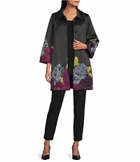 IC Collection Woven Floral Placement Print Spread Collar Bracelet Sleeve Button-Front Bubble Jacket