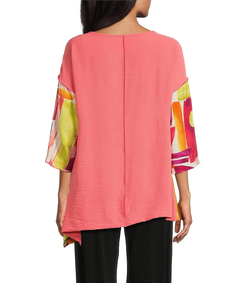 IC Collection Woven Geo Print Boat Neck 3/4 Sleeves Asymmetrical Tunic