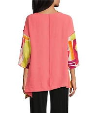 IC Collection Woven Geo Print Boat Neck 3/4 Sleeves Asymmetrical Tunic