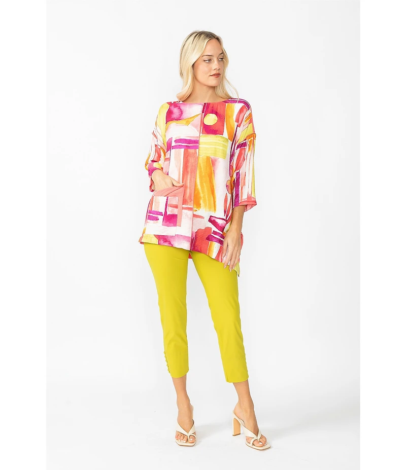 IC Collection Woven Geo Print Boat Neck 3/4 Sleeves Asymmetrical Tunic