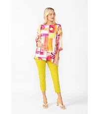 IC Collection Woven Geo Print Boat Neck 3/4 Sleeves Asymmetrical Tunic