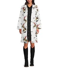 Ida Mae Home Linen Contrasting Print Interior Fold Down Collar Long Sleeve Jacket