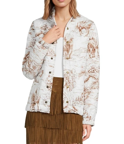 Ida Mae Home Toile Print Round Neck Long Sleeve Bomber Jacket