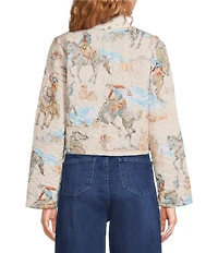 Ida Mae Home Western Print Open Front Long Sleeve Cropped Jacket