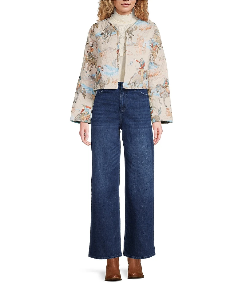 Ida Mae Home Western Print Open Front Long Sleeve Cropped Jacket