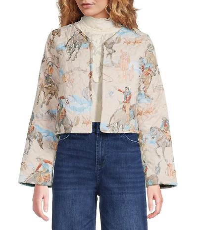 Ida Mae Home Western Print Open Front Long Sleeve Cropped Jacket