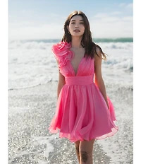 Ieena for Mac Duggal Ruffle Shoulder Sleeveless V-Neck Fit and Flare Dress