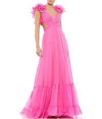 Ieena Mac Duggal Chiffon V-Neck Sleeveless Cut-Out Strappy Back Detail Tiered Ruffle Hem Gown