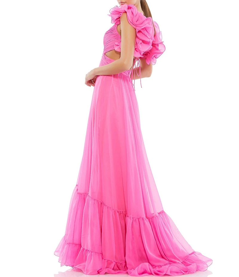 Ieena Mac Duggal Chiffon V-Neck Sleeveless Cut-Out Strappy Back Detail Tiered Ruffle Hem Gown