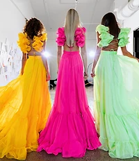 Ieena Mac Duggal Chiffon V-Neck Sleeveless Cut-Out Strappy Back Detail Tiered Ruffle Hem Gown