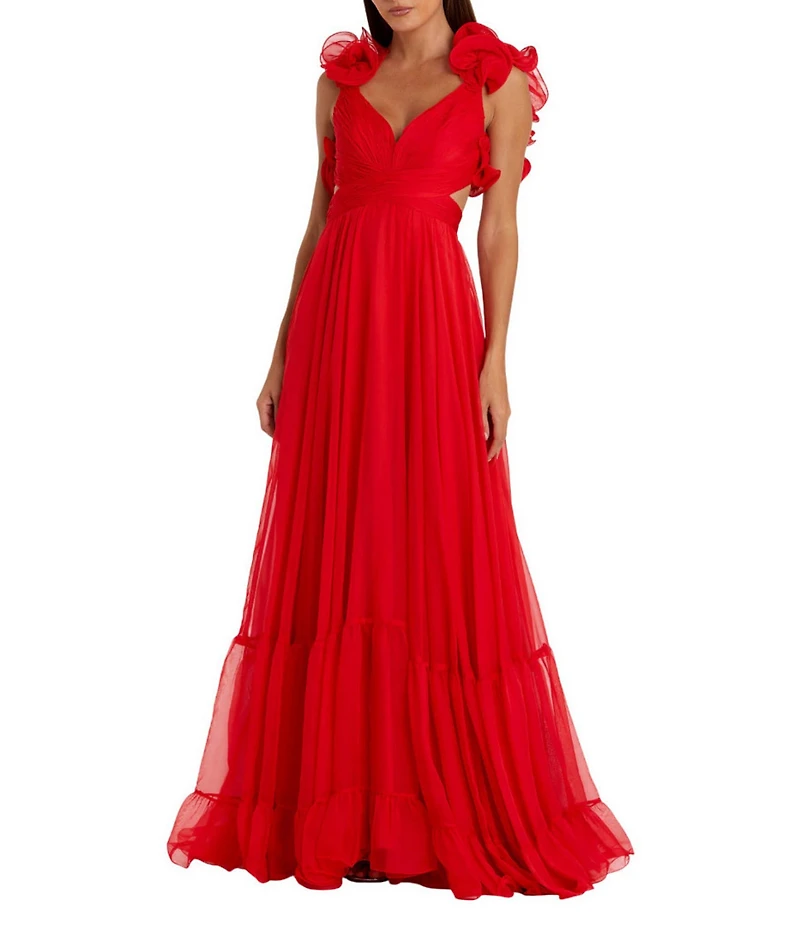 Ieena Mac Duggal Chiffon V-Neck Sleeveless Cut-Out Strappy Back Detail Tiered Ruffle Hem Gown