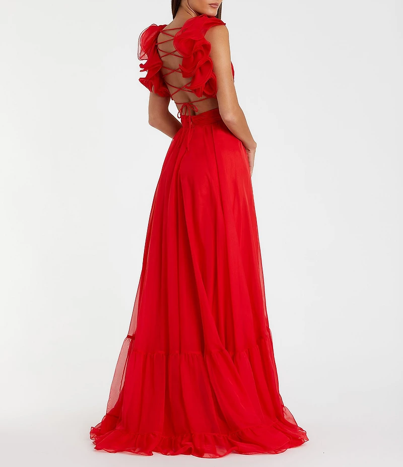 Ieena Mac Duggal Chiffon V-Neck Sleeveless Cut-Out Strappy Back Detail Tiered Ruffle Hem Gown
