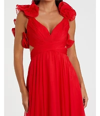 Ieena Mac Duggal Chiffon V-Neck Sleeveless Cut-Out Strappy Back Detail Tiered Ruffle Hem Gown
