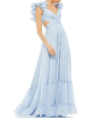 Ieena Mac Duggal Chiffon V-Neck Sleeveless Cut-Out Strappy Back Detail Tiered Ruffle Hem Gown
