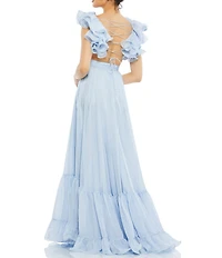 Ieena Mac Duggal Chiffon V-Neck Sleeveless Cut-Out Strappy Back Detail Tiered Ruffle Hem Gown