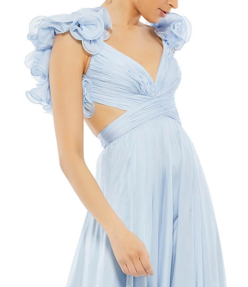 Ieena Mac Duggal Chiffon V-Neck Sleeveless Cut-Out Strappy Back Detail Tiered Ruffle Hem Gown