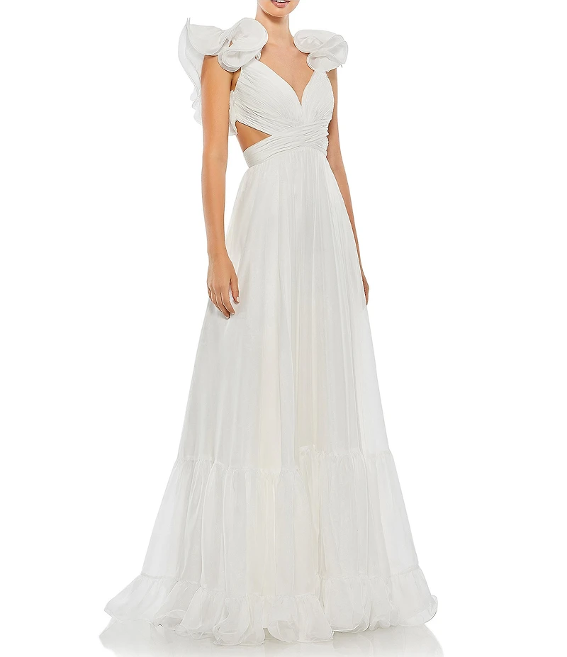 Ieena Mac Duggal Chiffon V-Neck Sleeveless Cut-Out Strappy Back Detail Tiered Ruffle Hem Gown