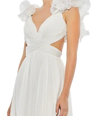 Ieena Mac Duggal Chiffon V-Neck Sleeveless Cut-Out Strappy Back Detail Tiered Ruffle Hem Gown