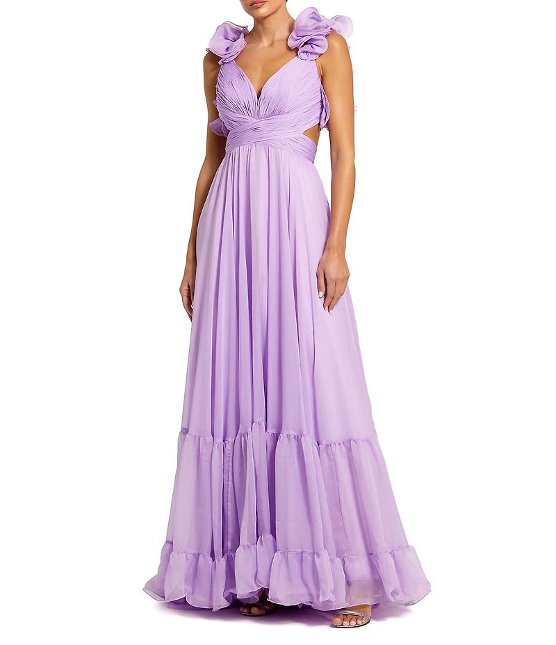 Ieena Mac Duggal Chiffon V-Neck Sleeveless Cut-Out Strappy Back Detail Tiered Ruffle Hem Gown