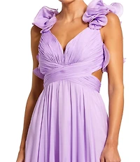 Ieena Mac Duggal Chiffon V-Neck Sleeveless Cut-Out Strappy Back Detail Tiered Ruffle Hem Gown