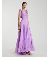 Ieena Mac Duggal Chiffon V-Neck Sleeveless Cut-Out Strappy Back Detail Tiered Ruffle Hem Gown