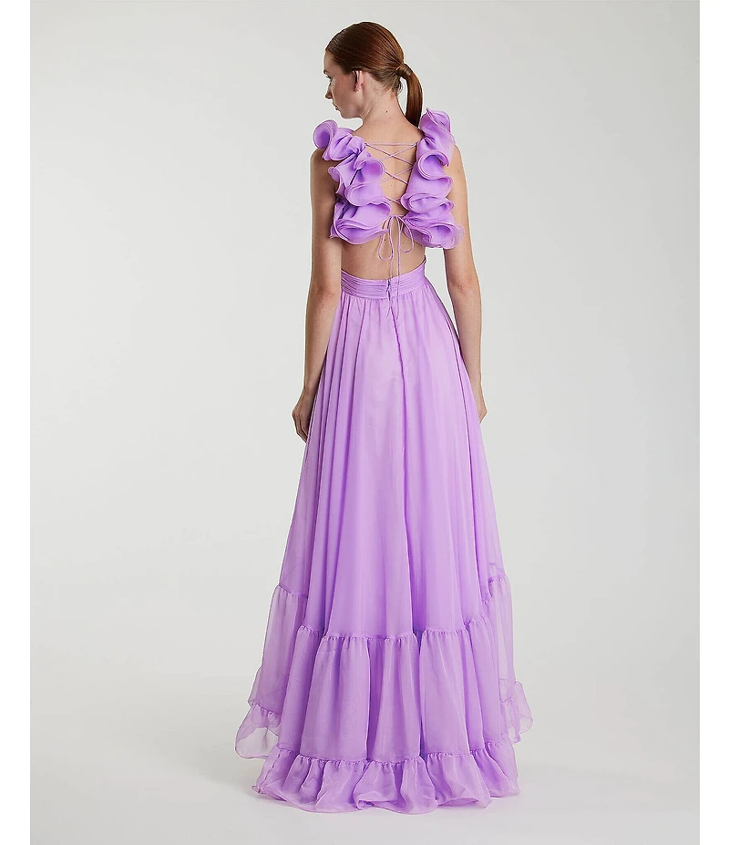 Ieena Mac Duggal Chiffon V-Neck Sleeveless Cut-Out Strappy Back Detail Tiered Ruffle Hem Gown