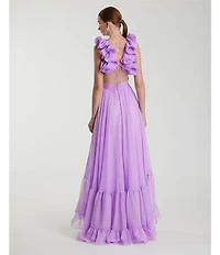 Ieena Mac Duggal Chiffon V-Neck Sleeveless Cut-Out Strappy Back Detail Tiered Ruffle Hem Gown