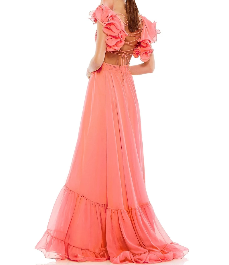 Ieena Mac Duggal Chiffon V-Neck Sleeveless Cut-Out Strappy Back Detail Tiered Ruffle Hem Gown