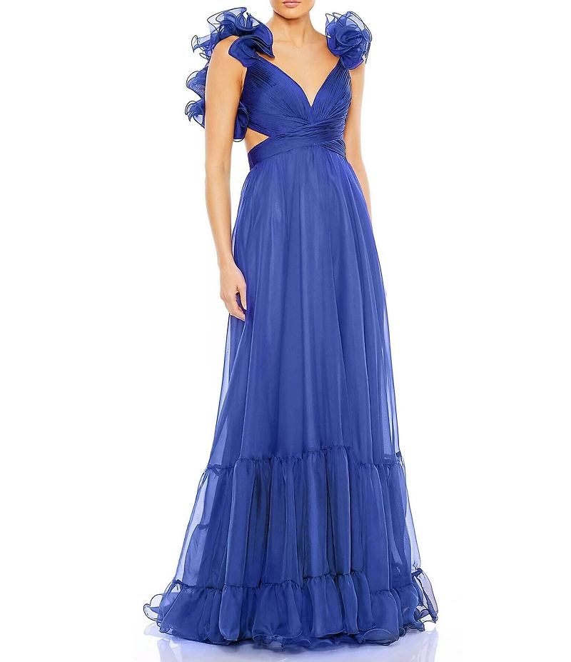 Ieena Mac Duggal Chiffon V-Neck Sleeveless Cut-Out Strappy Back Detail Tiered Ruffle Hem Gown