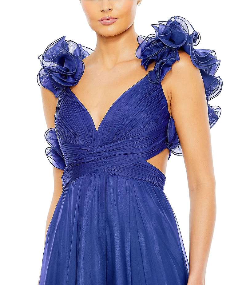 Ieena Mac Duggal Chiffon V-Neck Sleeveless Cut-Out Strappy Back Detail Tiered Ruffle Hem Gown