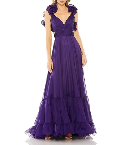 Ieena Mac Duggal Chiffon V-Neck Sleeveless Cut-Out Strappy Back Detail Tiered Ruffle Hem Gown