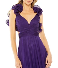 Ieena Mac Duggal Chiffon V-Neck Sleeveless Cut-Out Strappy Back Detail Tiered Ruffle Hem Gown