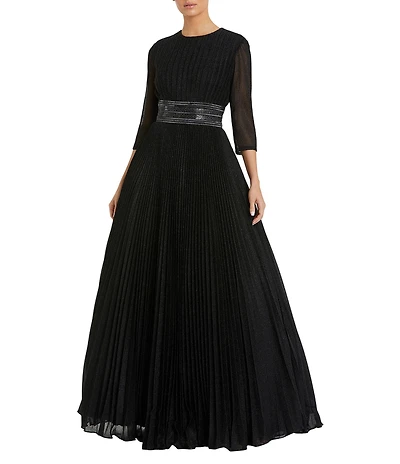 Ieena for Mac Duggal Crew Neck 3/4 Sleeve Shimmering Ball Gown