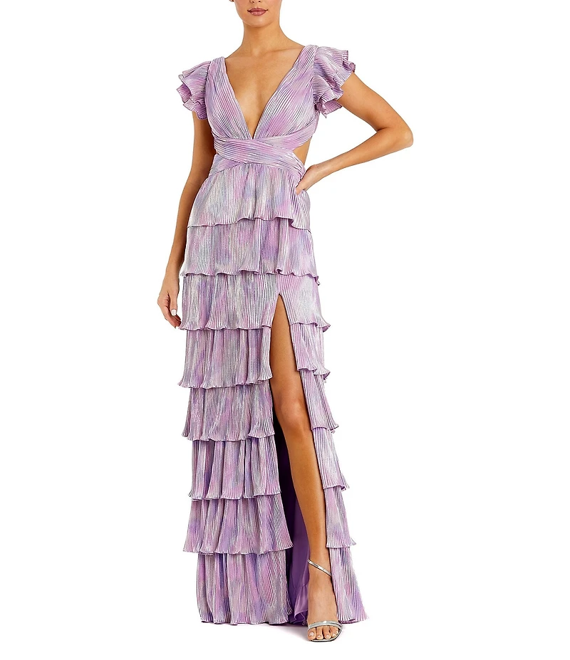 Ieena for Mac Duggal Deep V-Neck Ruffle Shoulder Cap Sleeve Side Cut-Out Tiered Thigh High Slit Gown