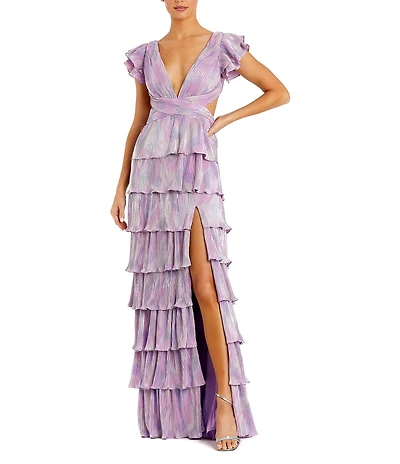 Ieena for Mac Duggal Deep V-Neck Ruffle Shoulder Cap Sleeve Side Cut-Out Tiered Thigh High Slit Gown