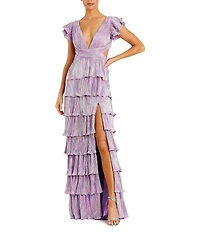 Ieena for Mac Duggal Deep V-Neck Ruffle Shoulder Cap Sleeve Side Cut-Out Tiered Thigh High Slit Gown