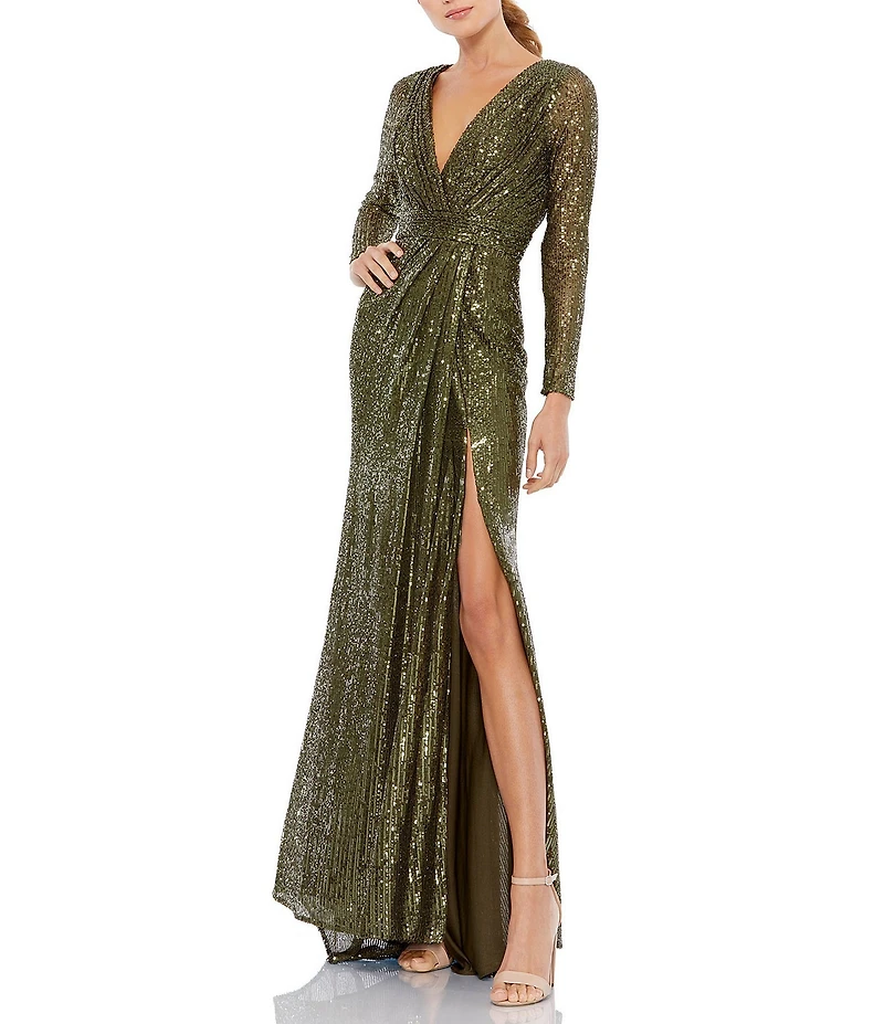 Ieena for Mac Duggal Long Sleeve Deep Surplice V-Neck Sequin Thigh High Slit Gown