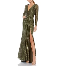 Ieena for Mac Duggal Long Sleeve Deep Surplice V-Neck Sequin Thigh High Slit Gown