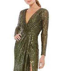 Ieena for Mac Duggal Long Sleeve Deep Surplice V-Neck Sequin Thigh High Slit Gown