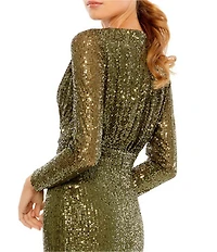 Ieena for Mac Duggal Long Sleeve Deep Surplice V-Neck Sequin Thigh High Slit Gown